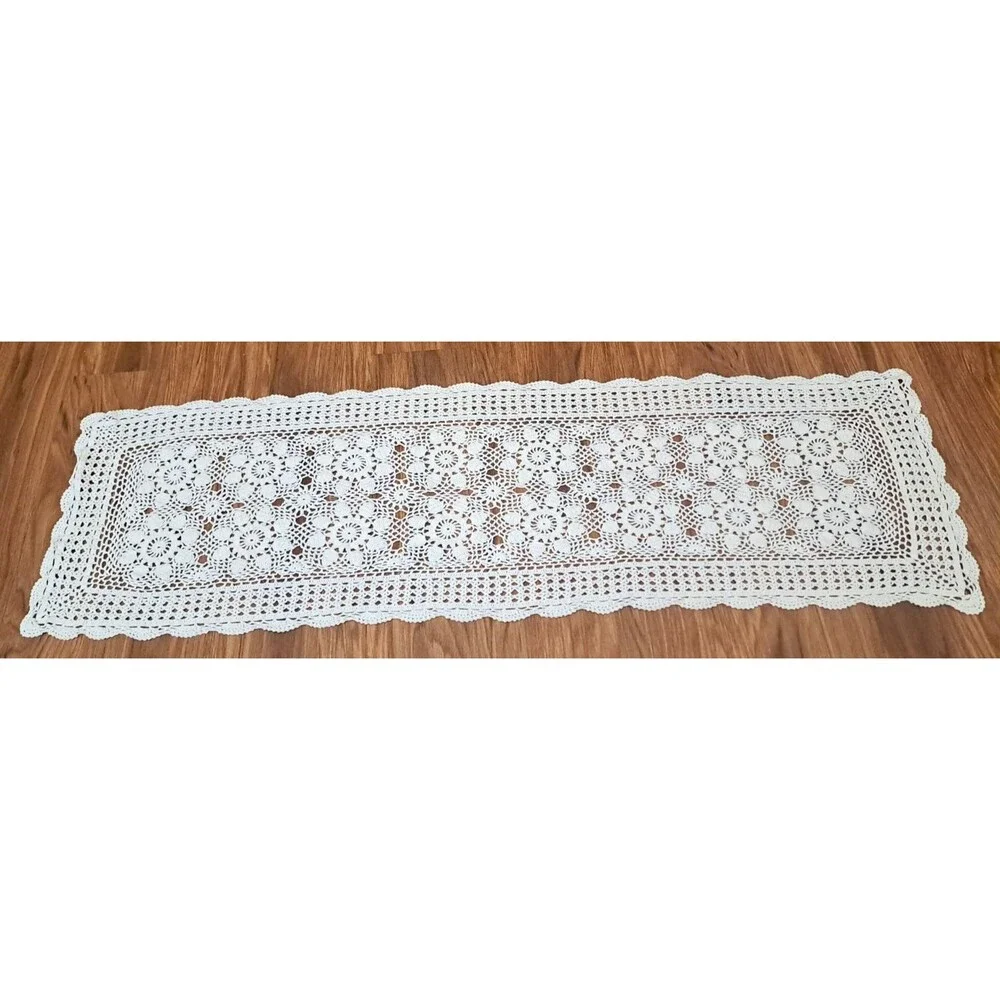 White Crochet Knit Table Runner 47x14 Floral Daisy Long Handmade Country Cottage
